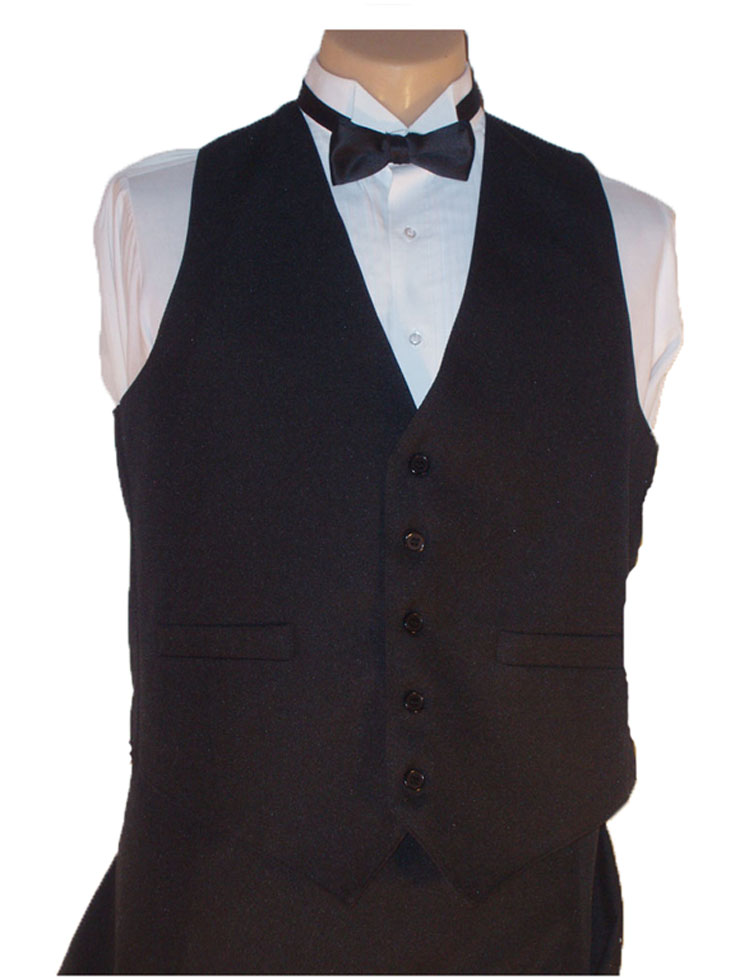 Black extended length full-back vest worn over white dress shirt with black bow tie