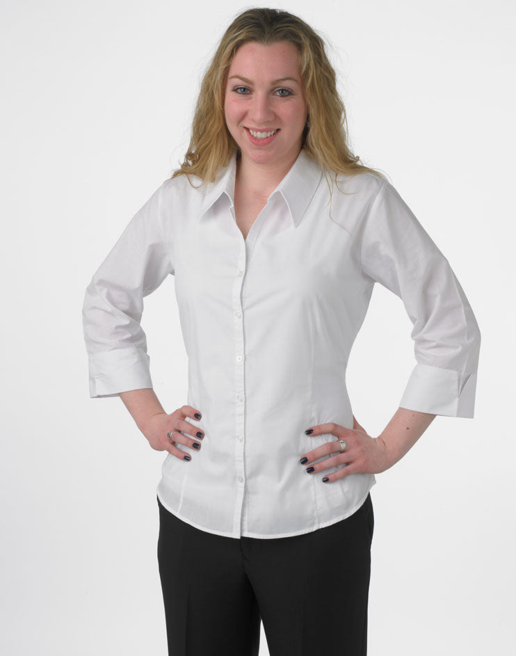 Ladies V-Neck 3/4 Sleeve Form Fitted Dress Shirt Prodigy Uniforms - Catering & Hospitality Uniforms Ladies V-Neck 3/4 Sleeve Form Fitted Dress Shirt Prodigy Uniforms - Catering & Hospitality Uniforms