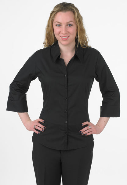 Ladies V-Neck 3/4 Sleeve Form Fitted Dress Shirt Prodigy Uniforms - Catering & Hospitality Uniforms Ladies V-Neck 3/4 Sleeve Form Fitted Dress Shirt Prodigy Uniforms - Catering & Hospitality Uniforms